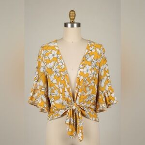 True Destiny Mustard Floral Tie-Front Blouse
